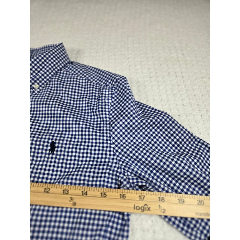 Ralph Lauren Boys Blue White Gingham Button Down Shirt Natural Stretch L 14-16